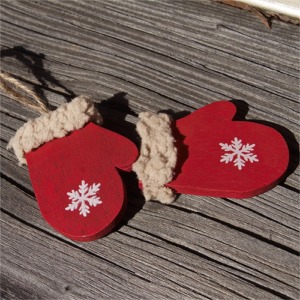 Pair of red wooden mitten with white flake