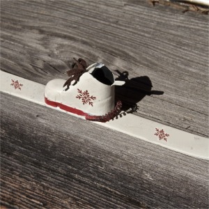 Piccolo sci e la sua scarpa con fiocchi rossi