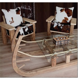 Dining chair in recycled wood with cowhide cushions