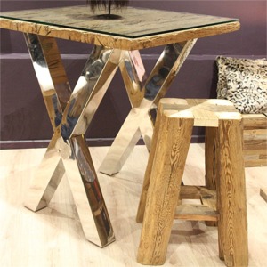 Tabouret de bar "PYRAMIDE" forme carré 4 pieds en vieux bois