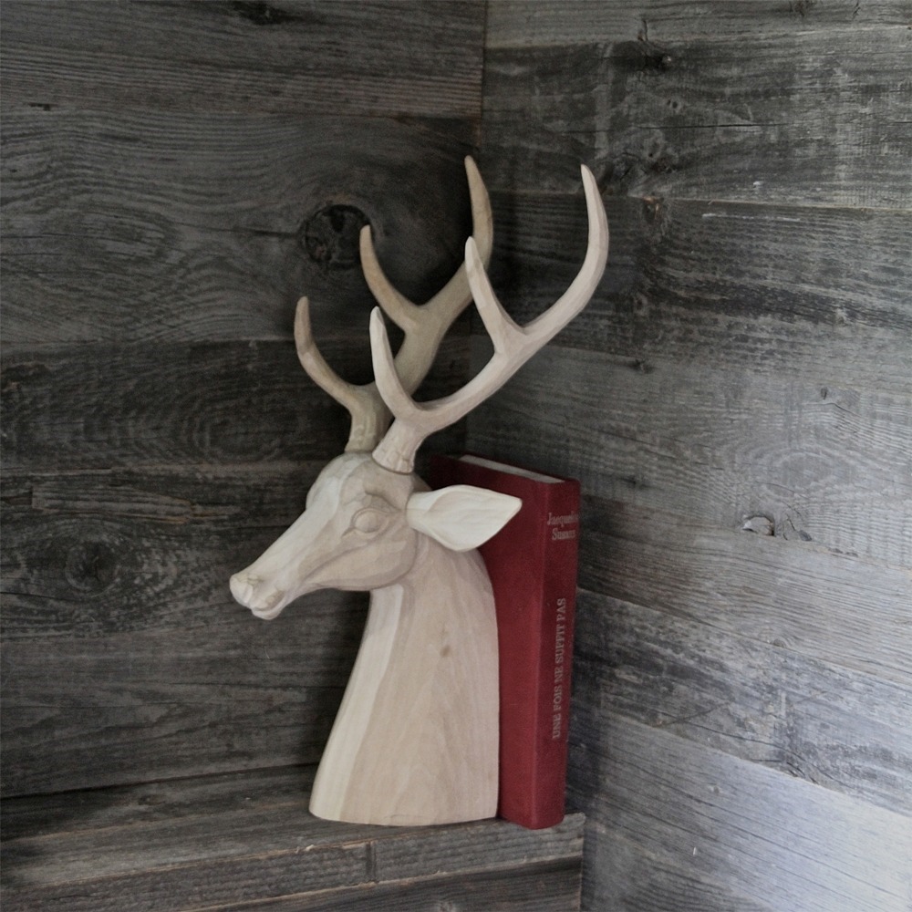Lobamop Tête De Cerf Bois Sculptée 3D - Déco Murale Style Nordique - Collier Décoratif Beige