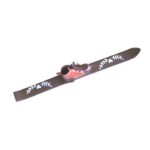 Small ski and its red and brown shoe with white flakes