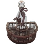 Willow basket with 4 glasses and one bottle