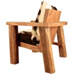 Fauteuil de table "TRAP" en vieux bois avec coussin et assise peau de vache normande francaise